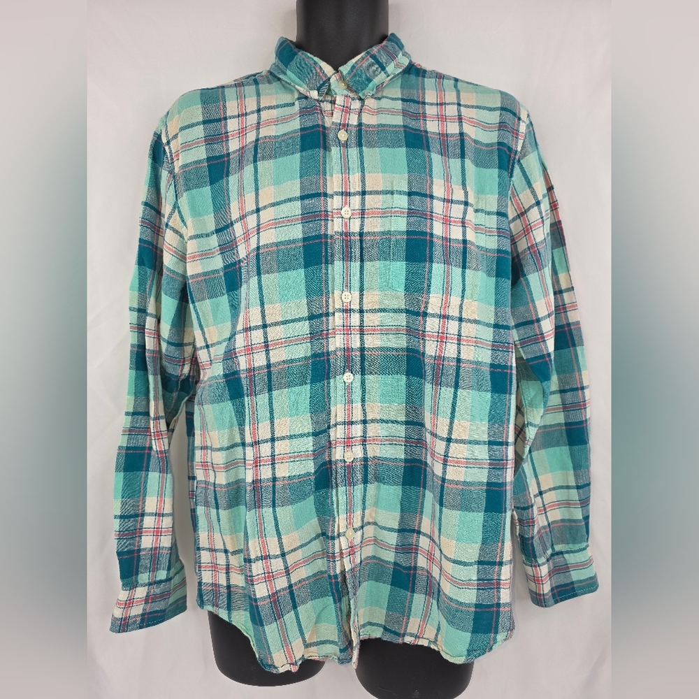 American Eagle Men's Teal Plaid Button Down Linen Blend Shirt Size L X-2502